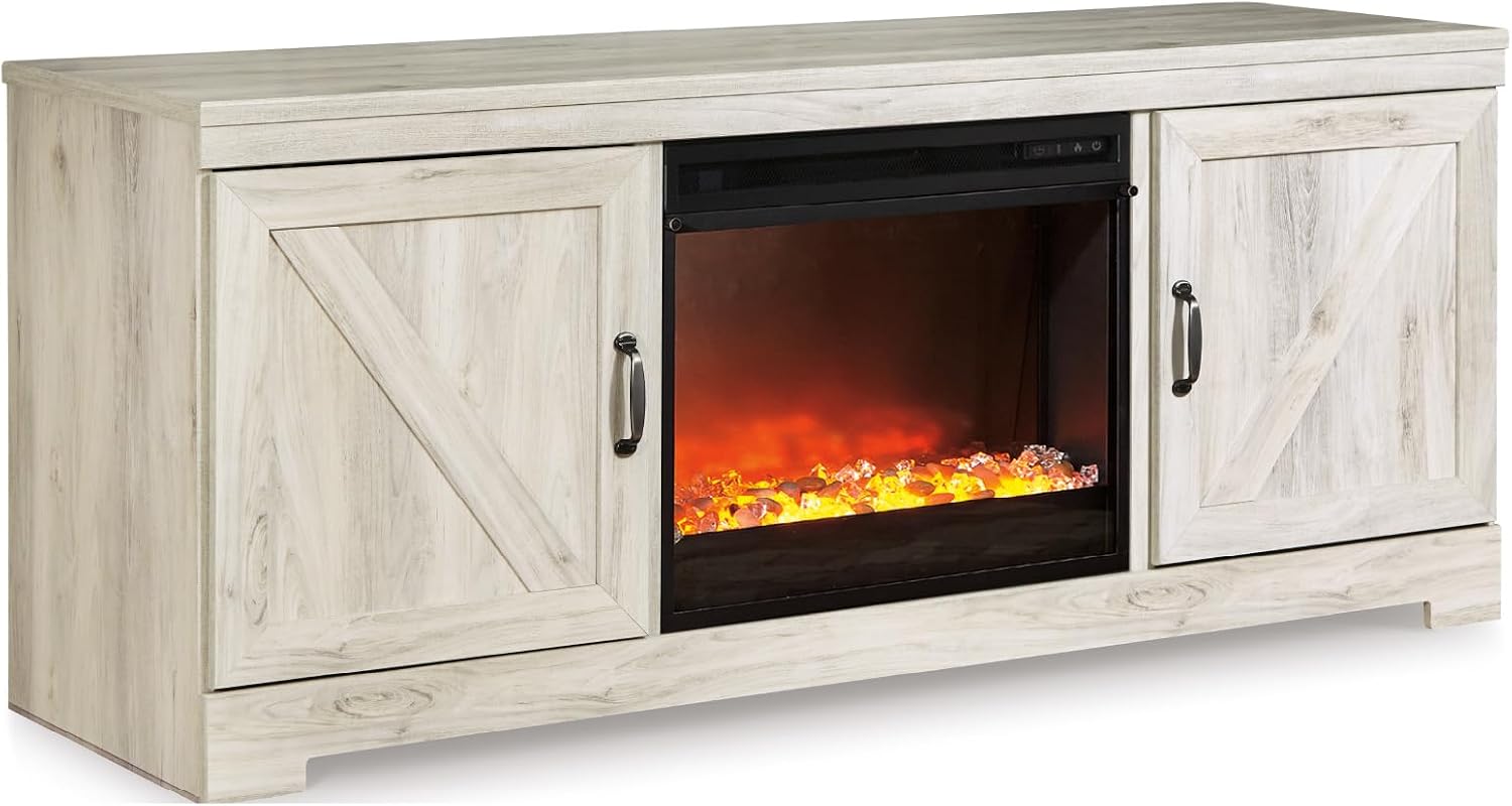 Signature Design by Ashley Bellaby Farmhouse 63' TV Stand with Fireplace for TVs up to 72', Whitewash