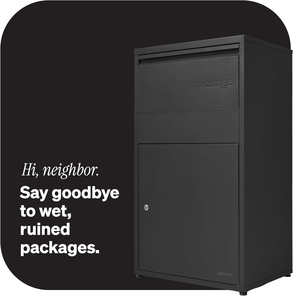 Adoorn Package Delivery Boxes for Outside - Large Anti-Theft Secure Package Box - Free Standing Parcel Drop Box - Weatherproof Construction - Durable Steel - 36' H x 20.5' W x 15' D - Black