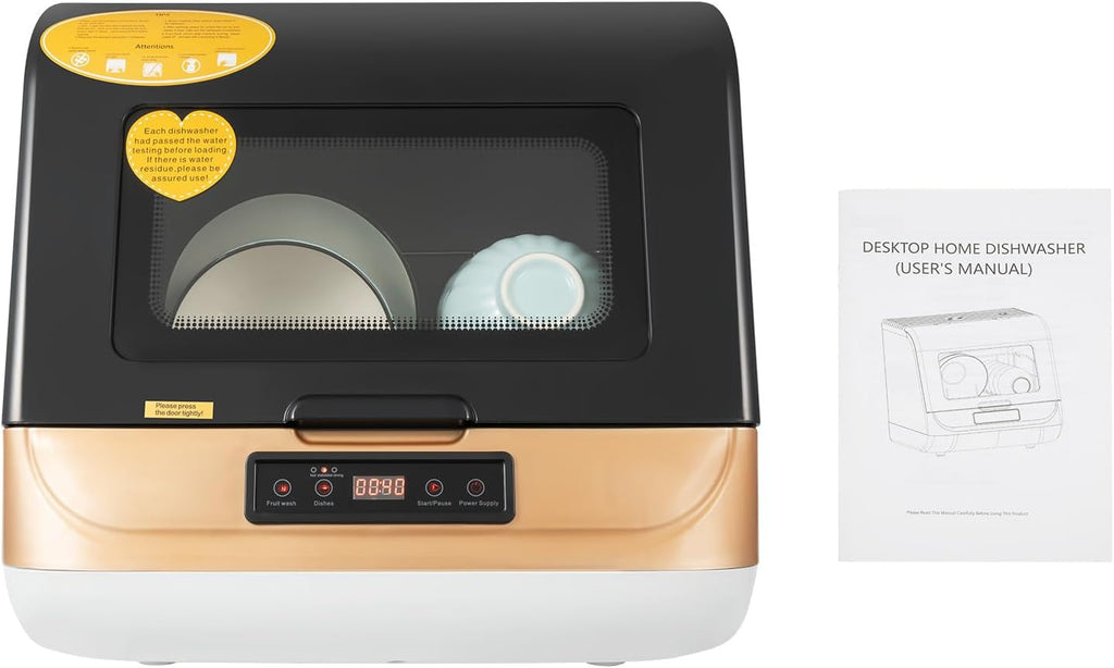 800W Portable Countertop Dishwasher,3 Washing Modes, 158℉ High-Temp, No Installation Needed, Compact Mini Dish Washing Machine with 8L Water Tank for 4-6 Sets Tableware (Type A - Gold)
