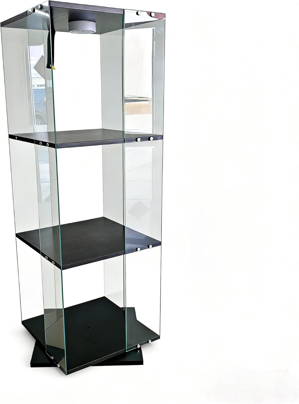 3-Tier Rotating Tempered Glass Display Cabinet, Floor Standing Curio Case with LED Touch Lights, Adjustable Feet for Living Room Corridor, Holds Collectibles Figurines Wine Trophy Jewelry,Black