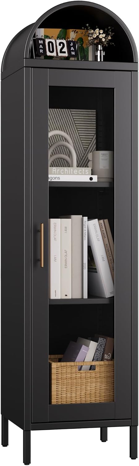 Aobabo 63'H Metal Arched Display Cabinet with Glass Door,Arched Bokcase with 2 Adjustable Shelves for Home Office,Assembly Required, Black