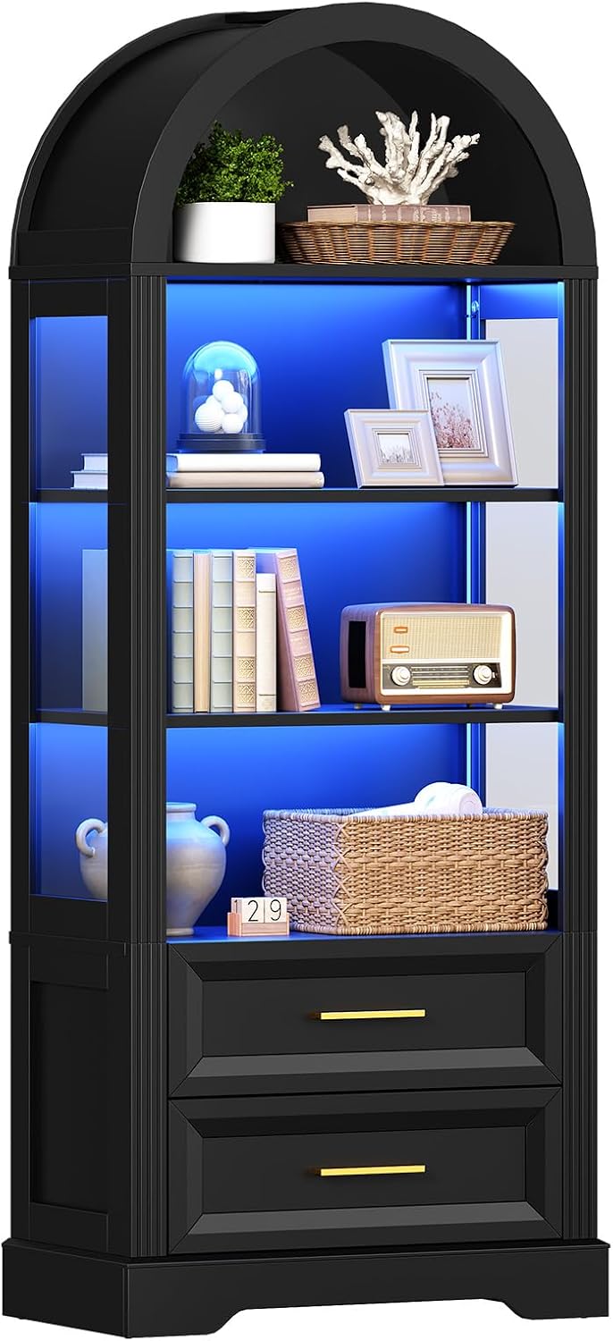 HOOBRO Tall Arched Bookshelf, Arch Bookcase with 2 Storage Drawers, Farmhouse Wooden Display Cabinet with Lights, Open Storage Book Shelf for Living Room, Home, Office, Black BK170DSJ01