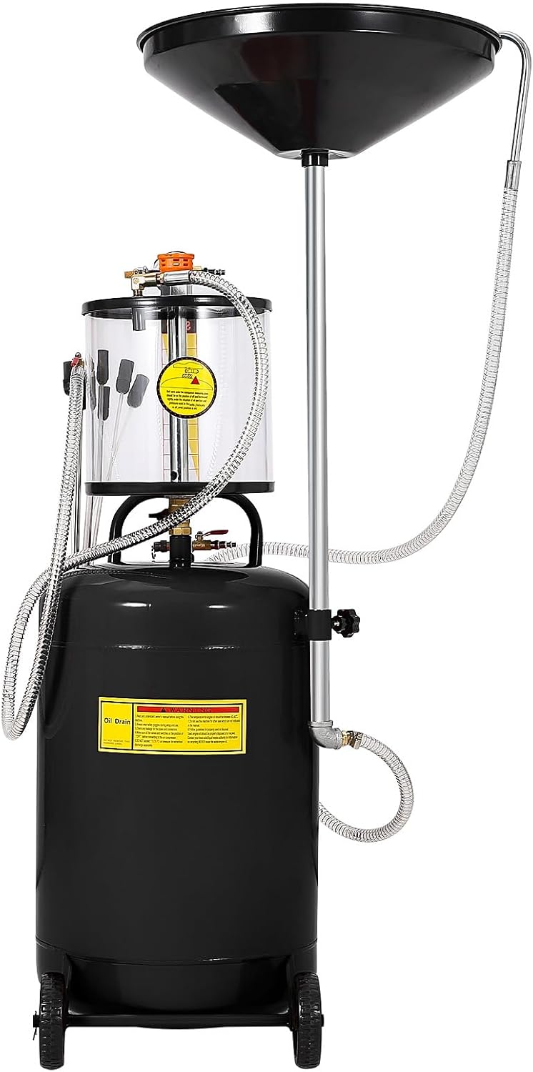 20 Gallon Waste Oil Drain Tank, Air Operated Portable Oil Drainer with Adjustable Funnel, Fluid Fuel Transfer Drainage with Wheels, Oil Change Container for Automotive Workshops