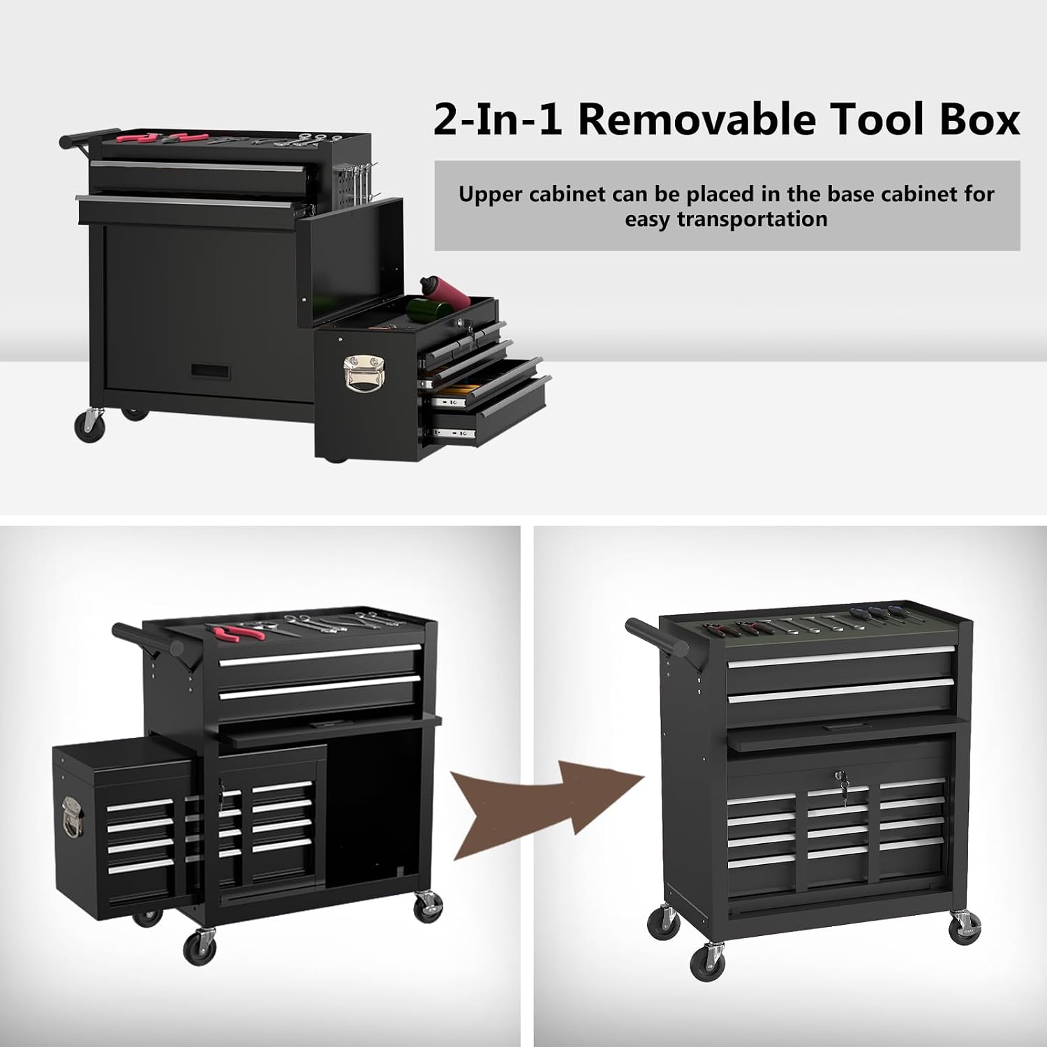8 Drawer Tools Chest,42.9 inch Tool Cabinet with Universal Lockable Wheels，Organizable Tool Box with Detachable Top Box for Workshop，Black