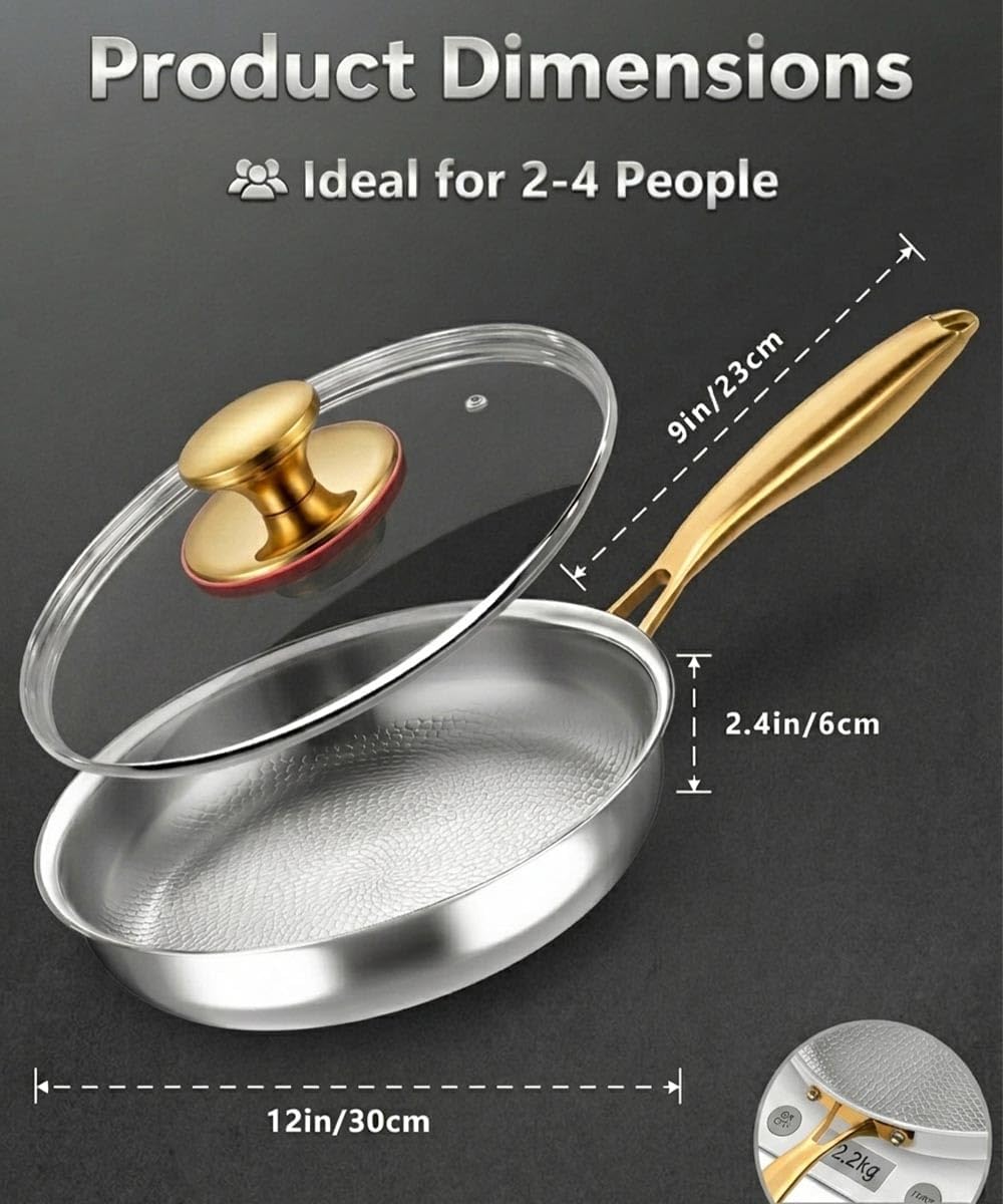 12 Inch Titanium Pans for Cooking, Pure Titanium Frying pan Hammered Design, Non-Toxic Titanium Pro Pan PFAS/PFOA/PTFE Free, Compatible for Oven, Dishwasher & All Cooktops, Fast & Even Heat