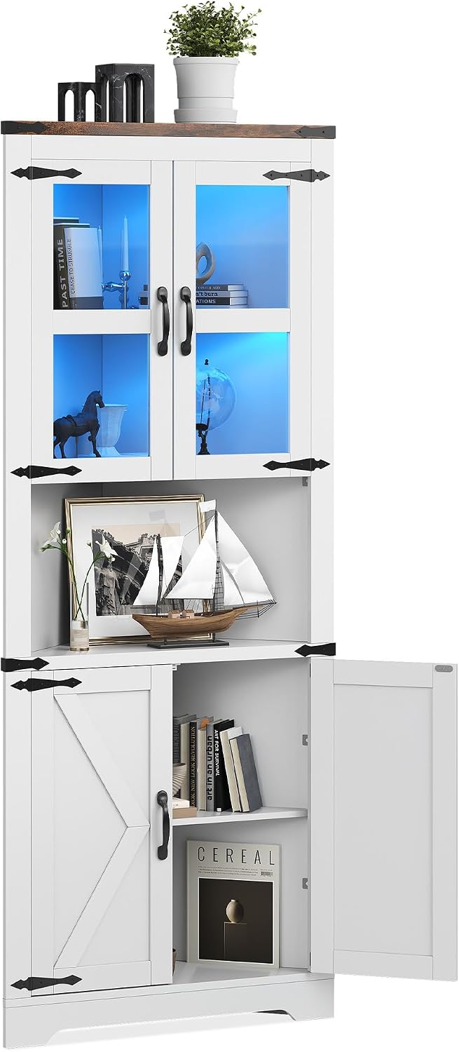 GarveeHome 67 in Tall Corner Storage Cabinet with Lights, Farmhouse Corner Hutch Display Cabinet with Glass Doors, Wooden Storage Organizer for Kitchen, Living Room, Bathroom, White