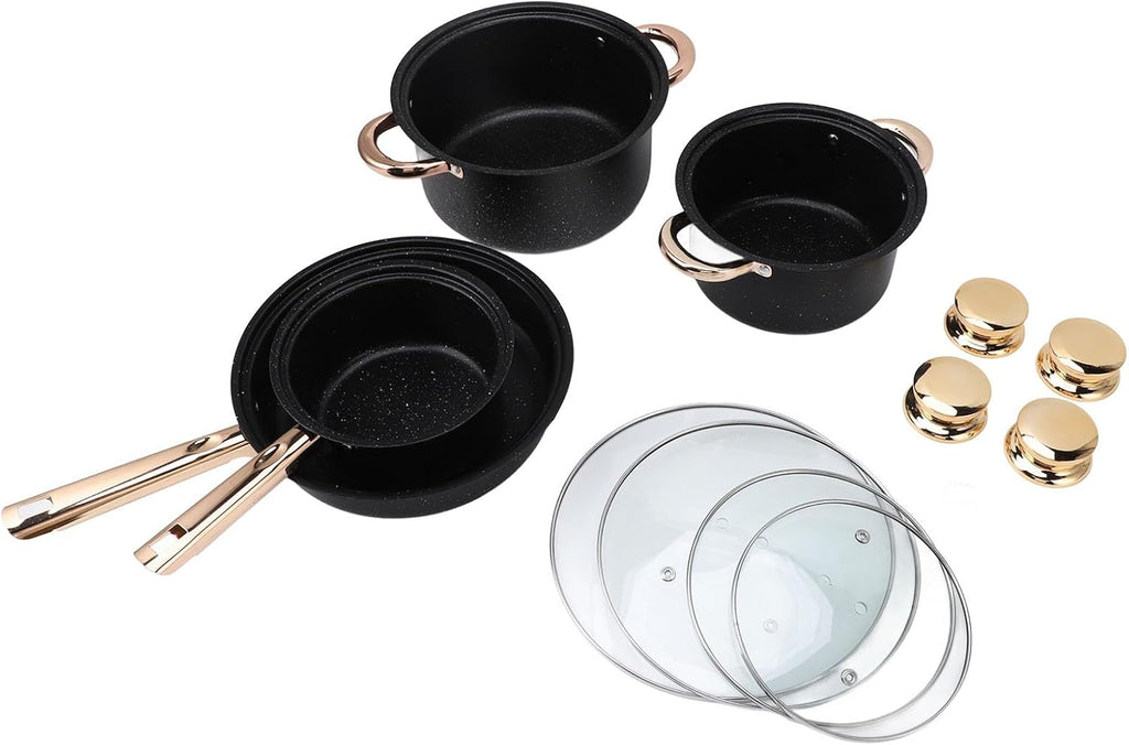 Asixxsix Cookware Set, Good Heat Conductivity Stainless Steel Pots and Pans Set Non Stick, Long Life Cooking Utensils with Glass Lids, for Kitchen, Cooking