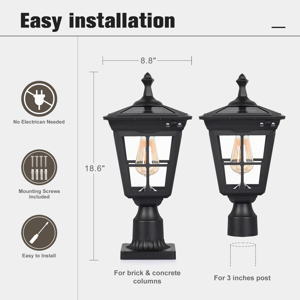 Solar Lamp Post Light, Cast Aluminium Waterproof LED Pillar Lights with Glass Outdoor Dusk to Dawn Post Light Solar Powered ST4311BQ for Pier Mount Gates Yard Pole (Black+Clear Glass)