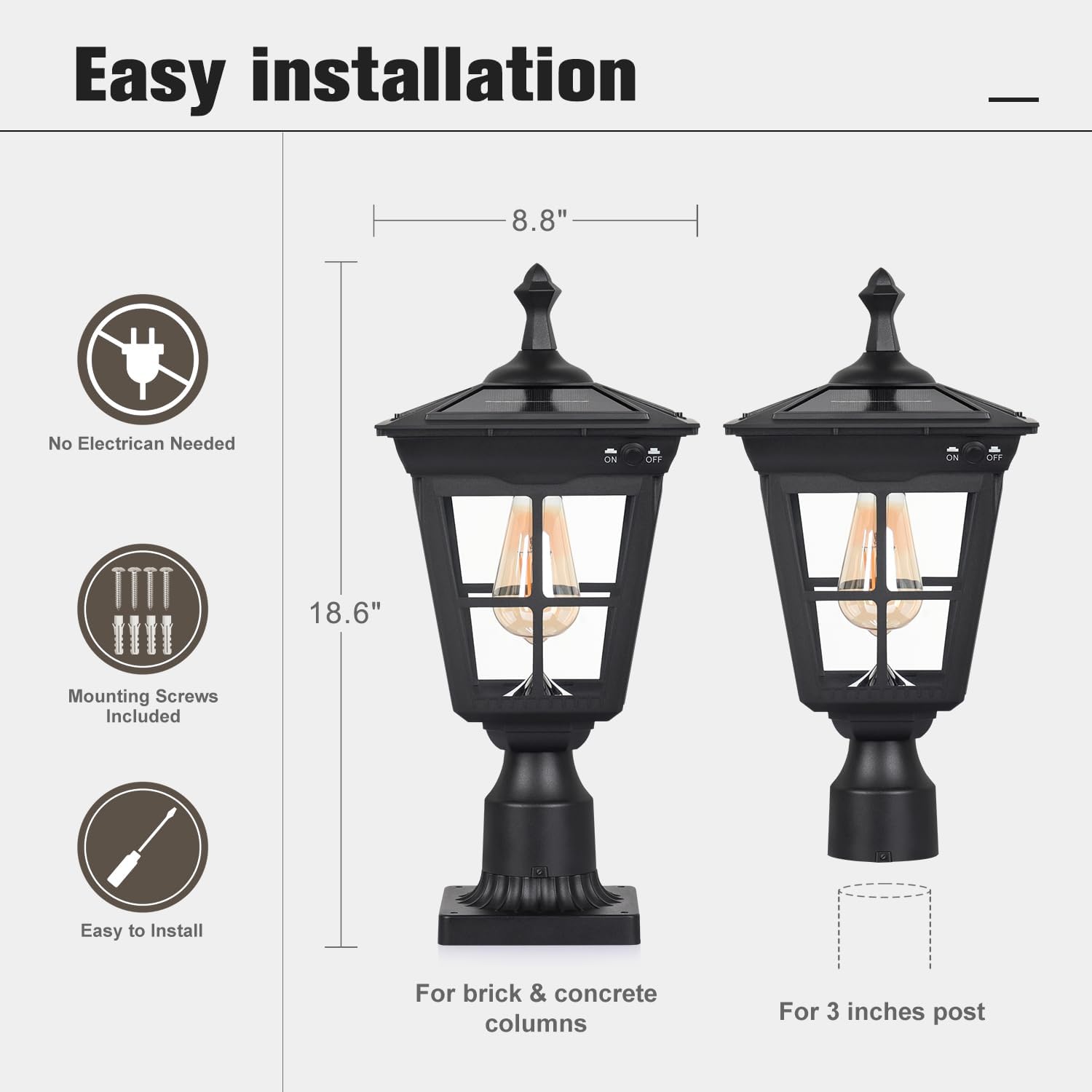 Solar Lamp Post Light, Cast Aluminium Waterproof LED Pillar Lights with Glass Outdoor Dusk to Dawn Post Light Solar Powered ST4311BQ for Pier Mount Gates Yard Pole (Black+Clear Glass)