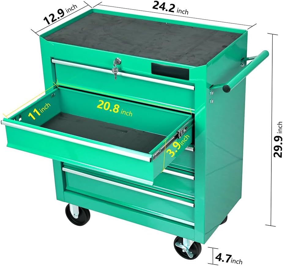 Rolling Tool Chest, 5-Drawer Rolling Tool Box with Interlock System and Wheels for Garage, Warehouse, Workshop, Repair Shop, Green Green