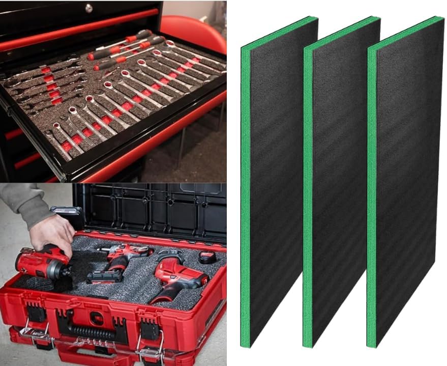 Customizable Tool Box Organizer Tool Foam | 24'x48' 3 Sheets | Tool Box Foam Organizer | Tool Drawer Organizer | Customizable Foam Insert | Toolbox Foam Inserts Shadow Foam (Green, 2-1/4' (57mm))