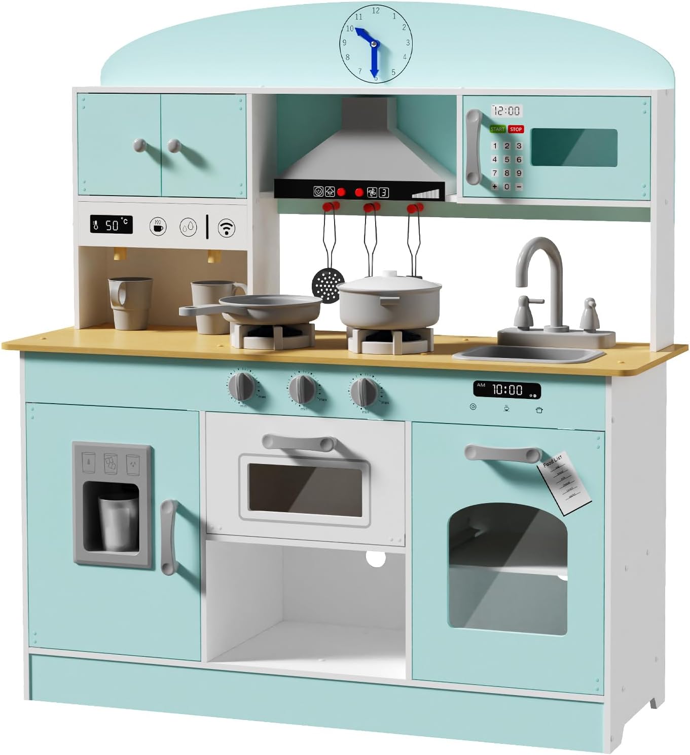 Babytronic Wooden Play Kitchen Set, Pretend Play Kitchen with Lights and Sounds for Kids Ages 3+, Includes Stove, Oven, Microwave, Coffee Maker, and Accessories, Toy Kitchen Set for Toddlers (Blue)