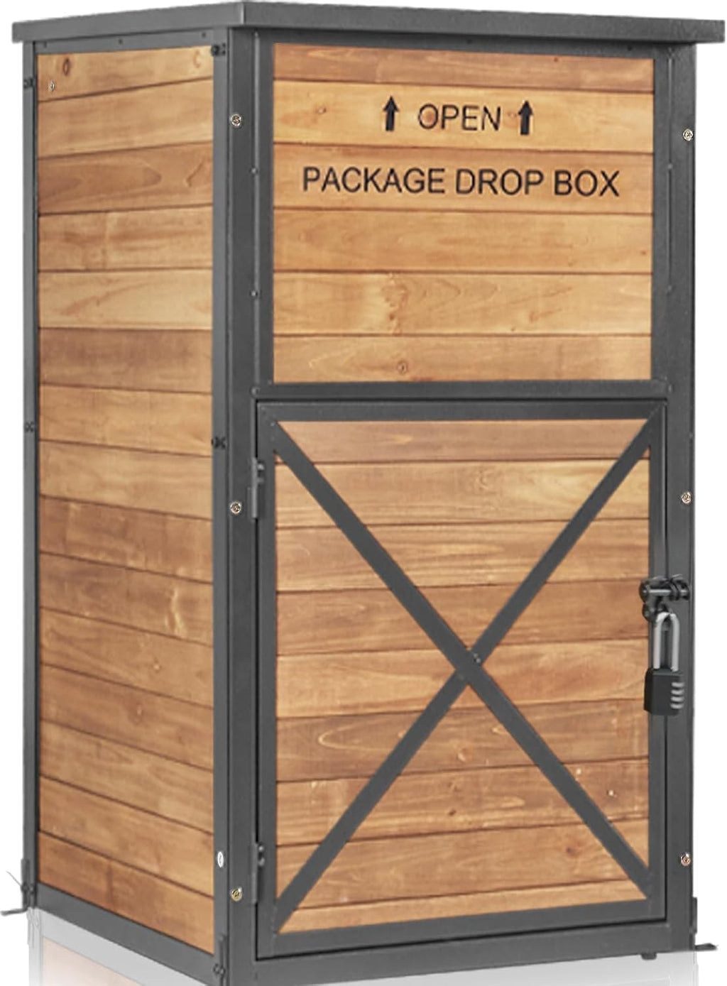 Aivituvin Package Delivery Box for Outside with Combination Lock | solid wood-iron frame, weatherproof, 10'x18'x18' parcel fit, one-way slot, lockable porch storage