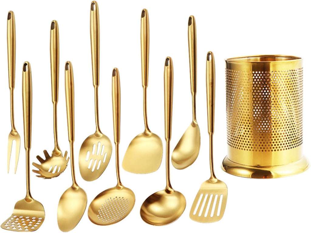 Gold Kitchen Utensils Set Dishwasher Safe with Utensil Storage Bucket 11 Piece Kitchenware Cookware Set Stainless Steel Cooking Utensils Set Stainless Steel with Heat Resistant Handle