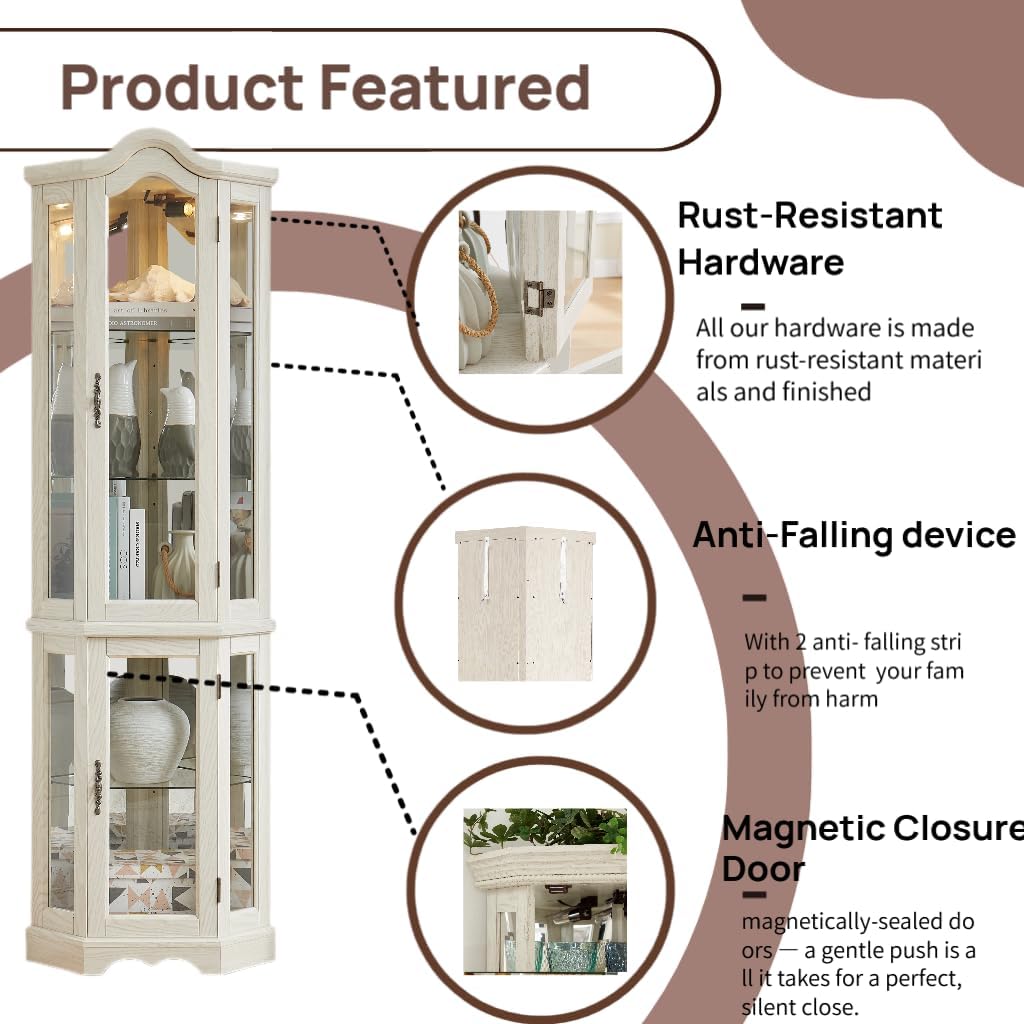 70' Lighted Corner Curio Cabinet,Inside Mirror Corner Glass Display Case with Tempered Glass Door for Living Room, Antique Collectibles, Wine & Bar Glass Storage, Lights Included