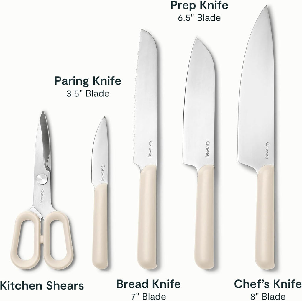 Caraway Kitchen Knife Set & Wooden Utensil Set - Made With Premium German Steel Blades & FSC-Certified Birch Wood - Non-Toxic Materials - Cream