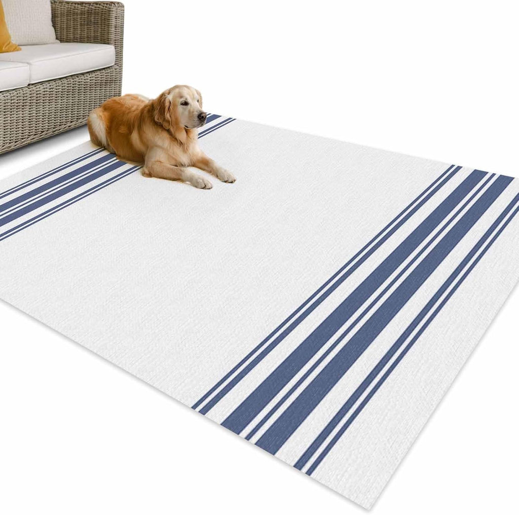 Outdoor Rug 4x6ft Farm Blue Stripes Line Patio Area Rugs Waterproof Easy Cleaning Non Shedding Thick Mats White Carpet for Indoor Outdoor Porch Deck Backyard Balcony
