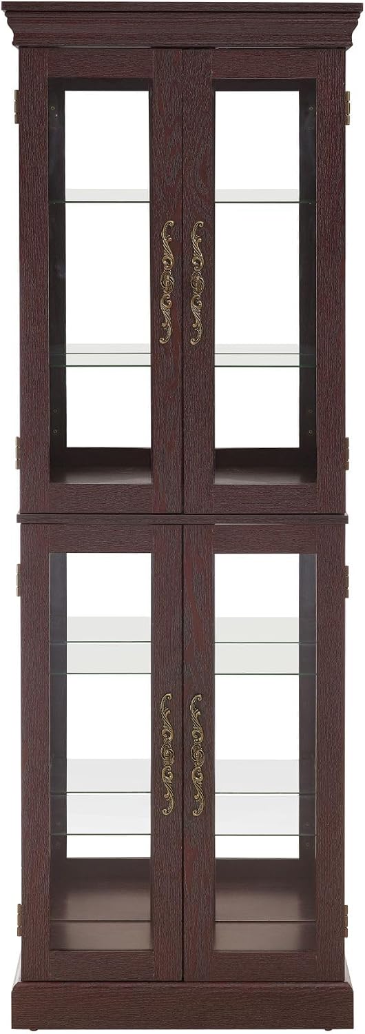 Lighted Curio Cabinet 71' Vintage Glass Display Case with Adjustable Shelves, 4 Tempered Glass Doors, Bulb Included, Wooden Square Wine Bar China Cabinet for Living Room Liquor Storage (Dark Cherry)