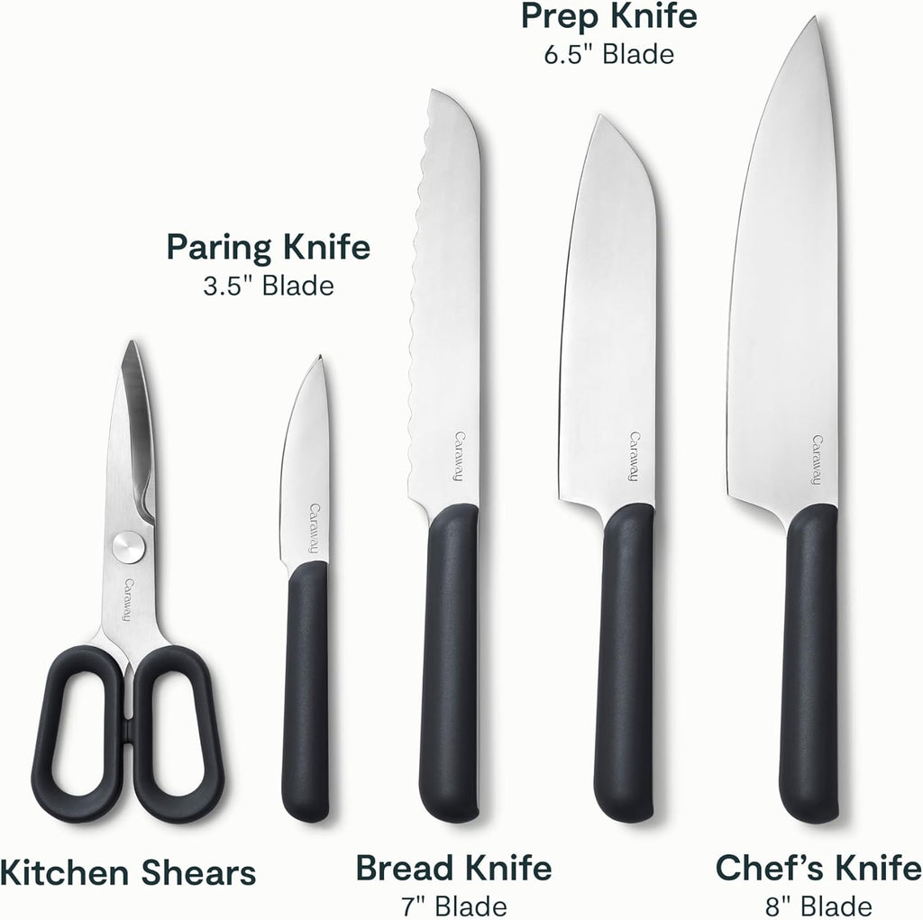 Caraway Kitchen Knife Set & Wooden Utensil Set - Made With Premium German Steel Blades & FSC-Certified Birch Wood - Non-Toxic Materials - Charcoal