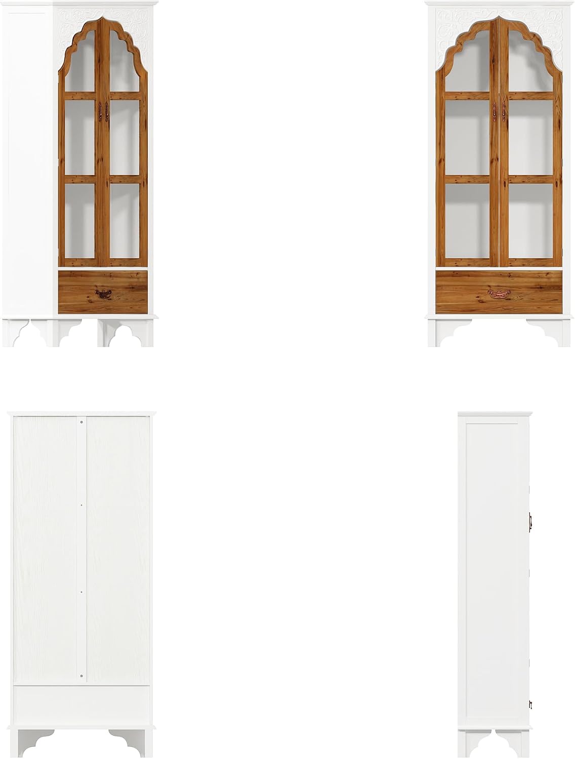 Carved Storage Cabinet with 2 Glass Doors & Drawer, Pooja Mandir with 3-Tier Shelves, Decorative Cabinet Display Cabinets for Living Room White and Walnut (31.5'W x 15.7'D x 70.9'H)