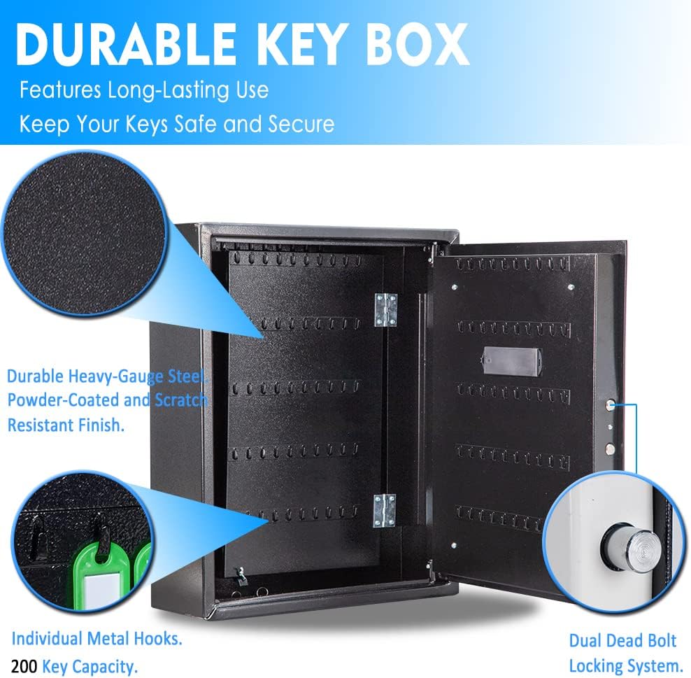 UMEKEN Key Box Wall Mount 200 Position Valet Digital Key Cabinet Lock Box with Code, Electronic Vehicle Key Holder Lockbox with Key Tags, Car Key Organizer Locker Box, Black