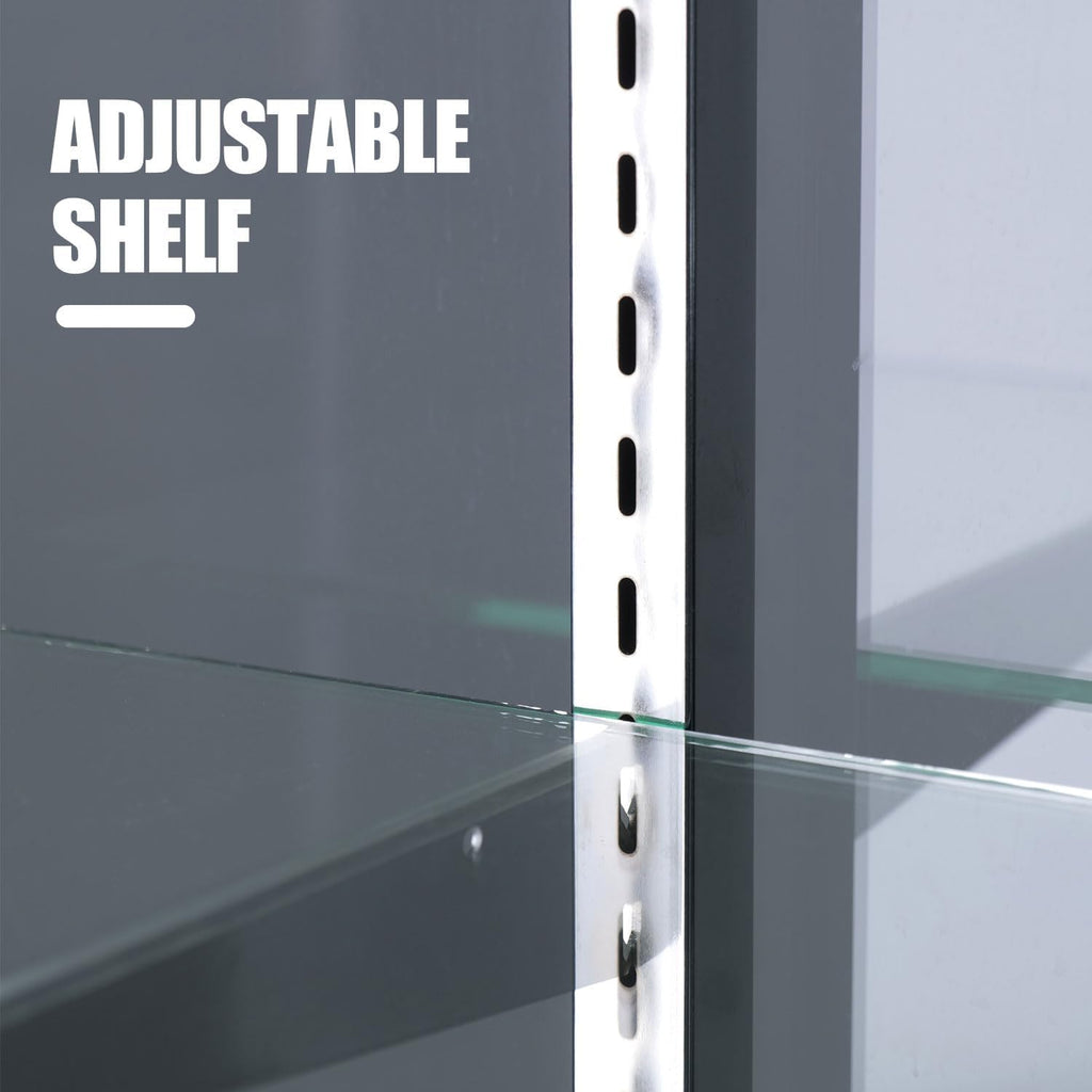48' W x 22' D x 42' H - Retail Sales Counter with Adjustable Glass Shelves, Tempered Glass, Black Laminated Particle Board, Locking Drawers