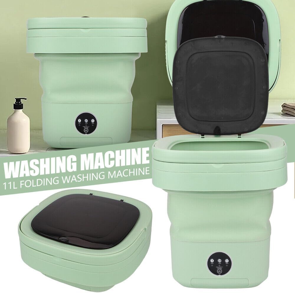11L Mini Portable Folding Washing Machine, Large Capacity Foldable Washer, Mini Washer with Drain Basket Deep Cleaning of Underwear, Baby Clothes Suitable for Apartments, Dormitories, Hotels(Green)