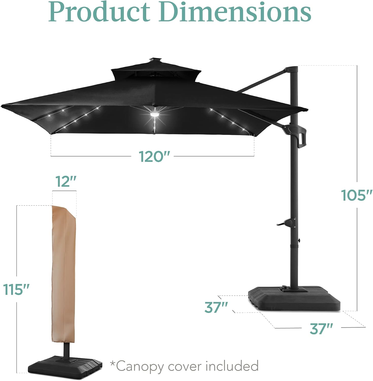 Best Choice Products 10x10ft Cantilever Patio Umbrella w/Base Included, Solar LED Lights 360 Rotation Large Offset Hanging Outdoor Shade for Deck Pool Backyard w/Stand – Black