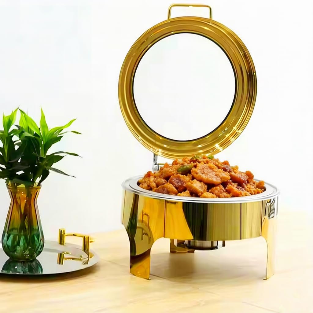 1Pack 6.8 Qt Golden Chafing Dish Buffet Set with Big Visible Window, Round Stainless Steel Buffet Servers and Warmers for Catering, Parties, Hotels and Weddings
