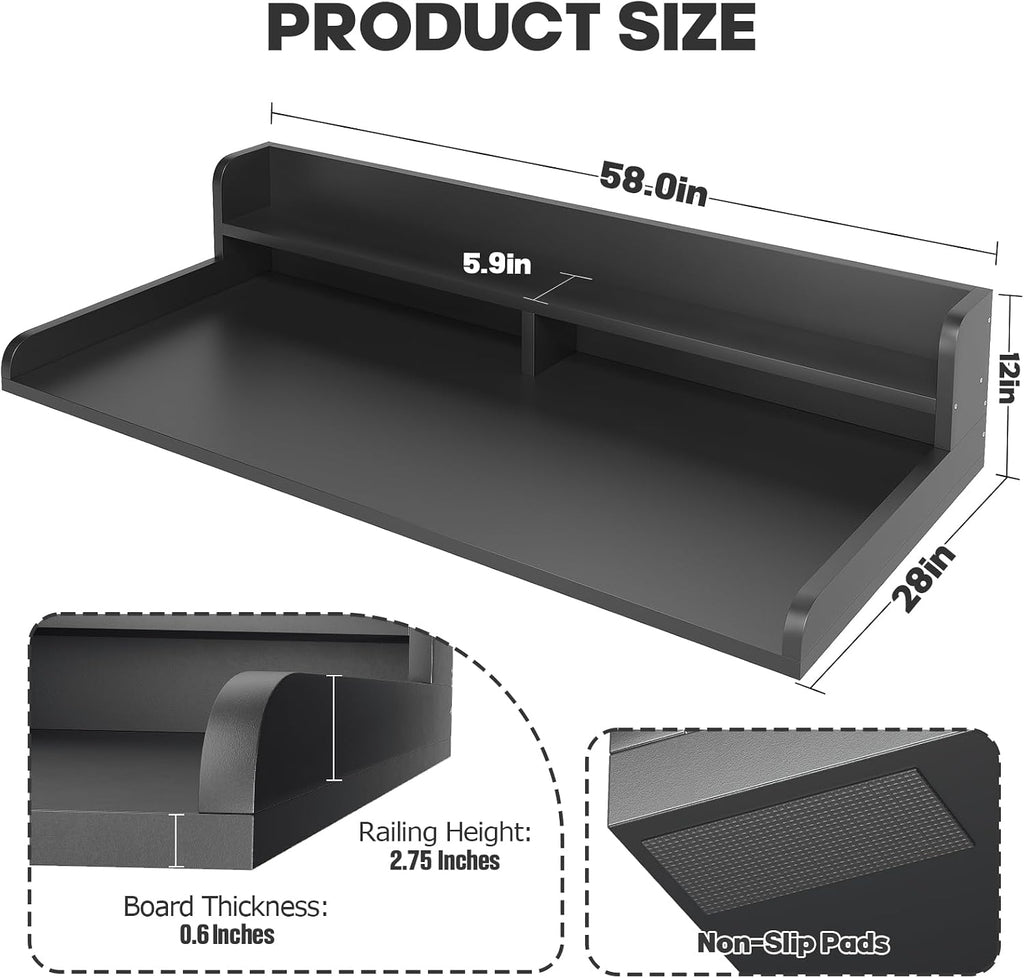 2-Tier Washer Dryer Countertop with 2.75' H Edge Rails, 58' W x 28' D Laundry Countertop for Folding Clothes, Washer and Dryer Topper with Non-Slip Pad (Black)