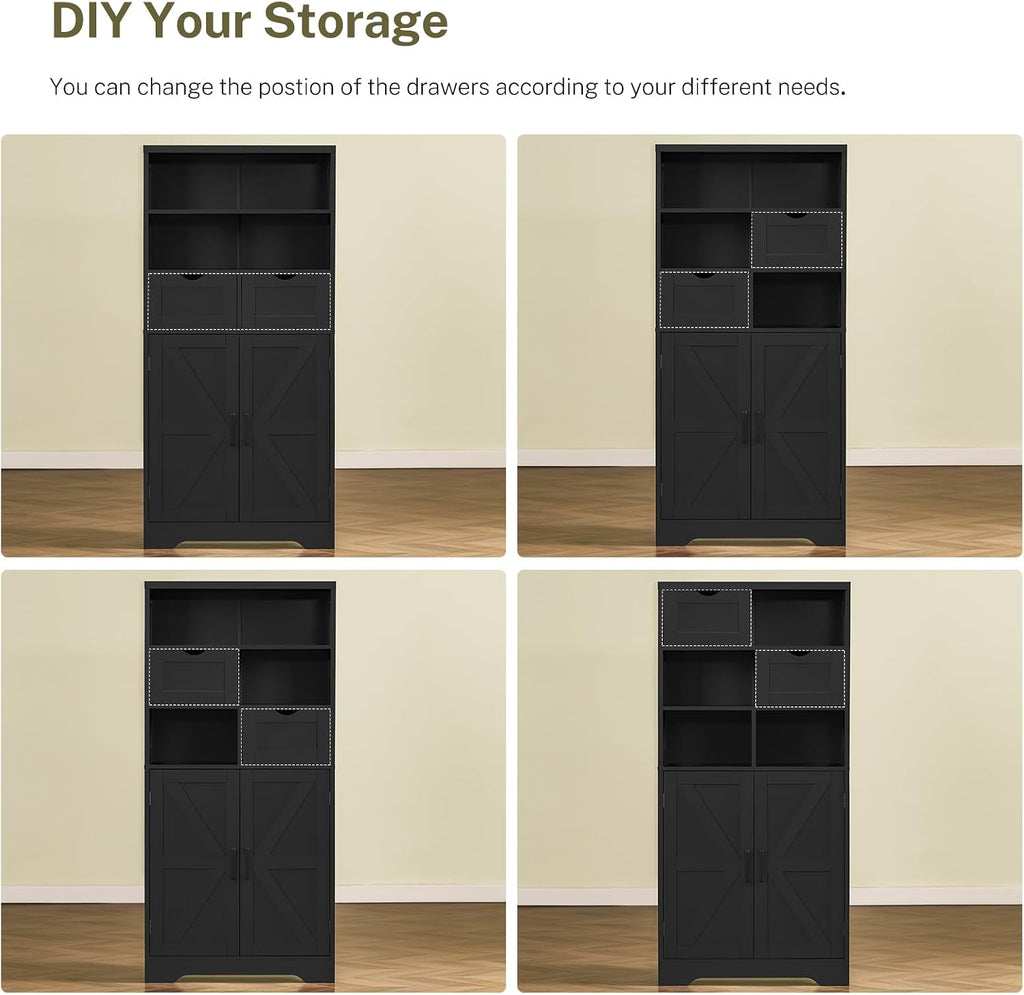 TEENFON Storage Cabinet with Doors & 2 Drawers, Kitchen Cabinet with Adjustable Shelf, Pantry Cabinets, Bathroom Cabinets, for Living Room, Entryway, Home Office, Black