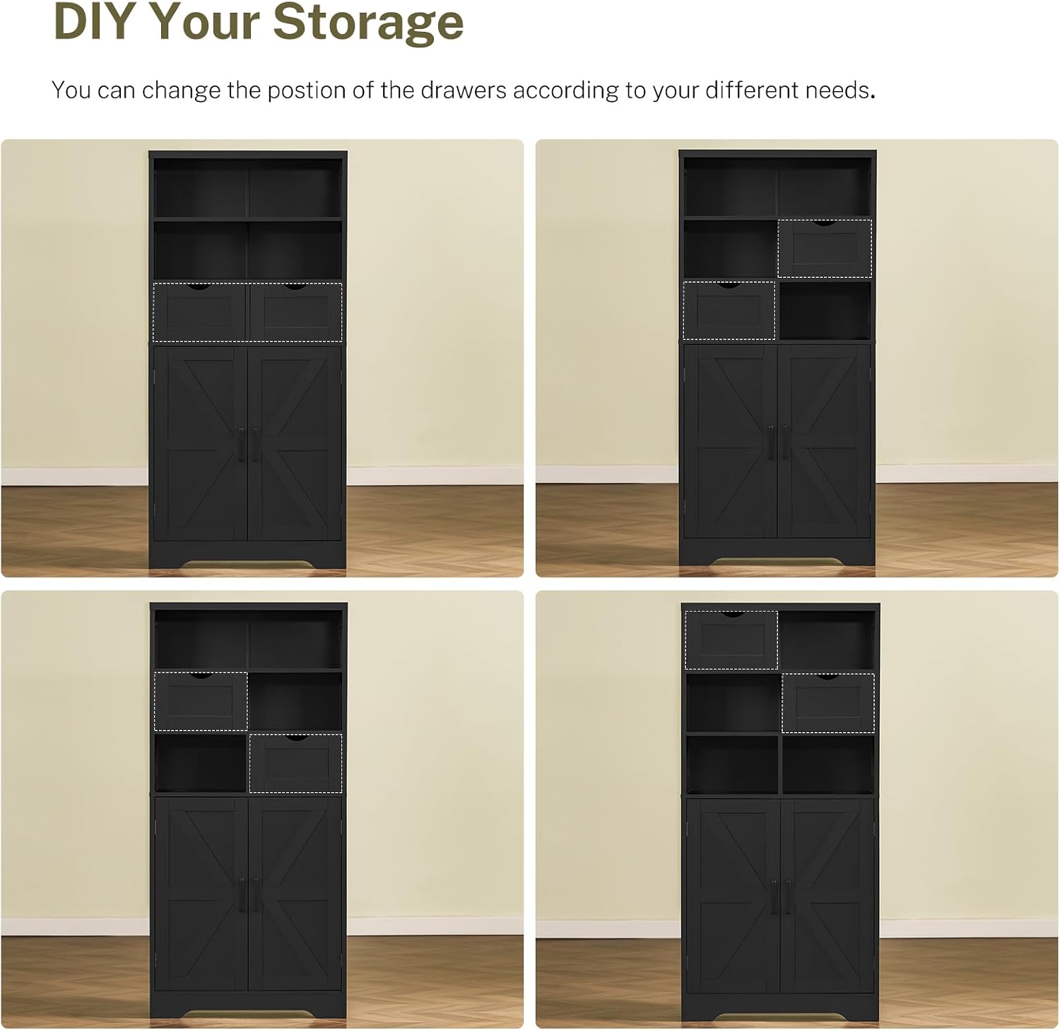 TEENFON Storage Cabinet with Doors & 2 Drawers, Kitchen Cabinet with Adjustable Shelf, Pantry Cabinets, Bathroom Cabinets, for Living Room, Entryway, Home Office, Black