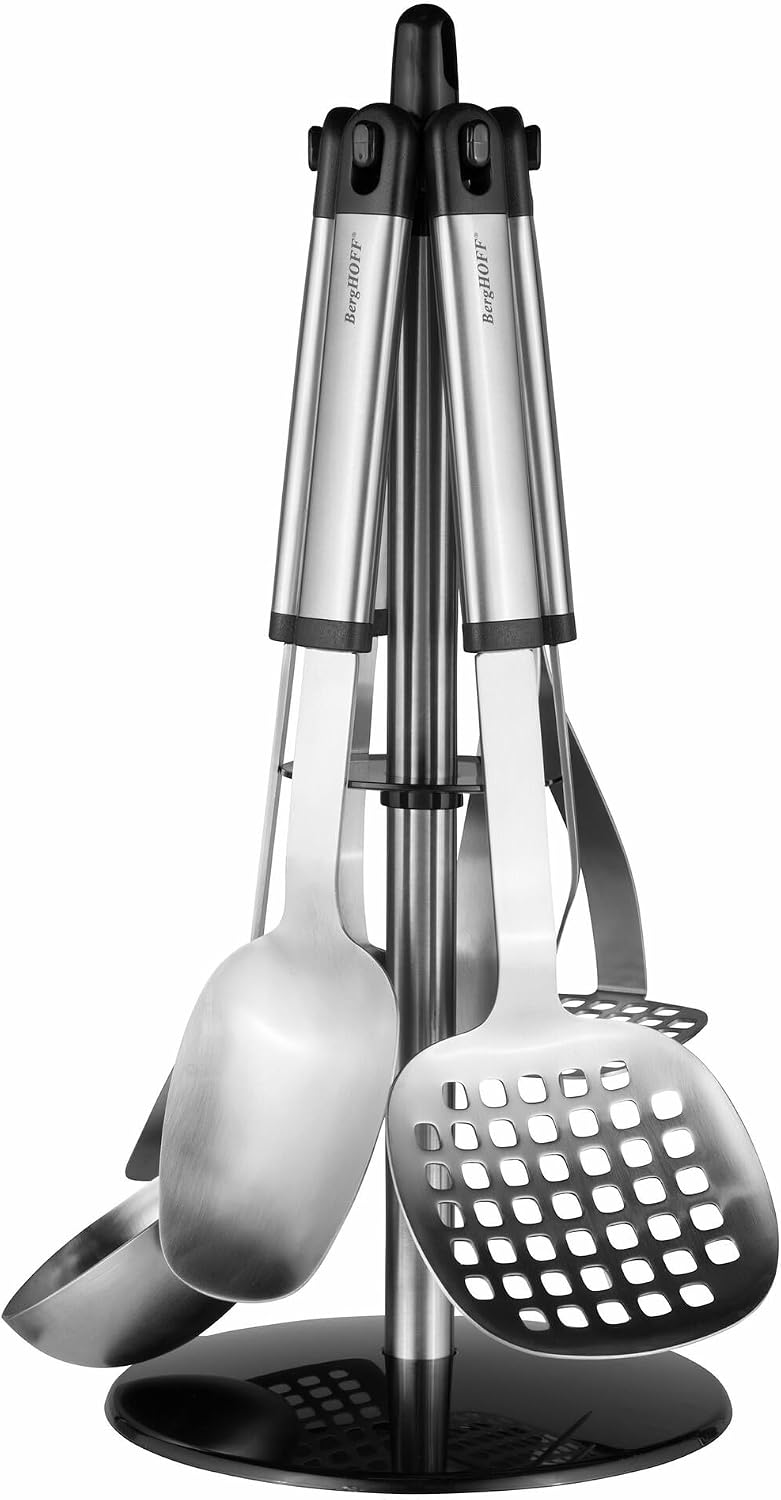 Berghoff Essentials Stainless Steel 8Pc Kitchen Utensil Set, Revolving Wall Rack, Storage Stand, Ergonomically Designed Hollow Handle with Hanging Loop