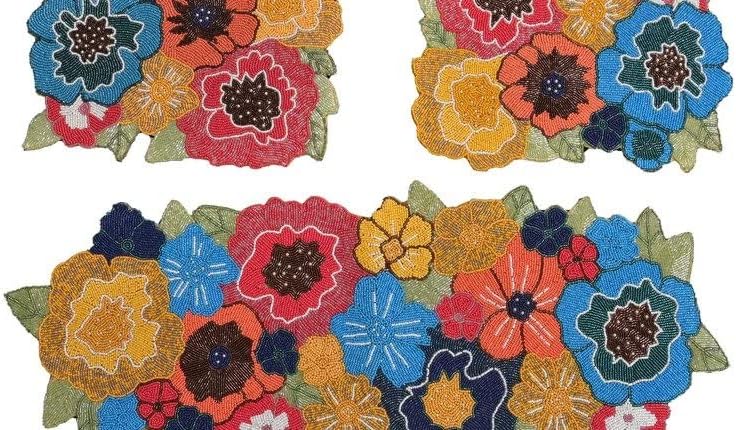 HM Creations Multicolor Floral Table Runner, Handmade Table Runner, Beaded Table Topper 13X36 Inch Dinning Decoration. (Set of 1 Table Runner and 6 Place Mats)