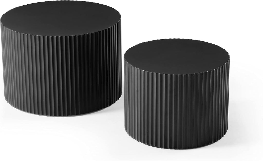 Black Round Coffee Table Set of 3 Modern Drum Circle Nesting Coffee Tables for Living Room, Contemporary Wood Fluted Embossed Side Table End Table, No Assembly, Black (3-Pcs)