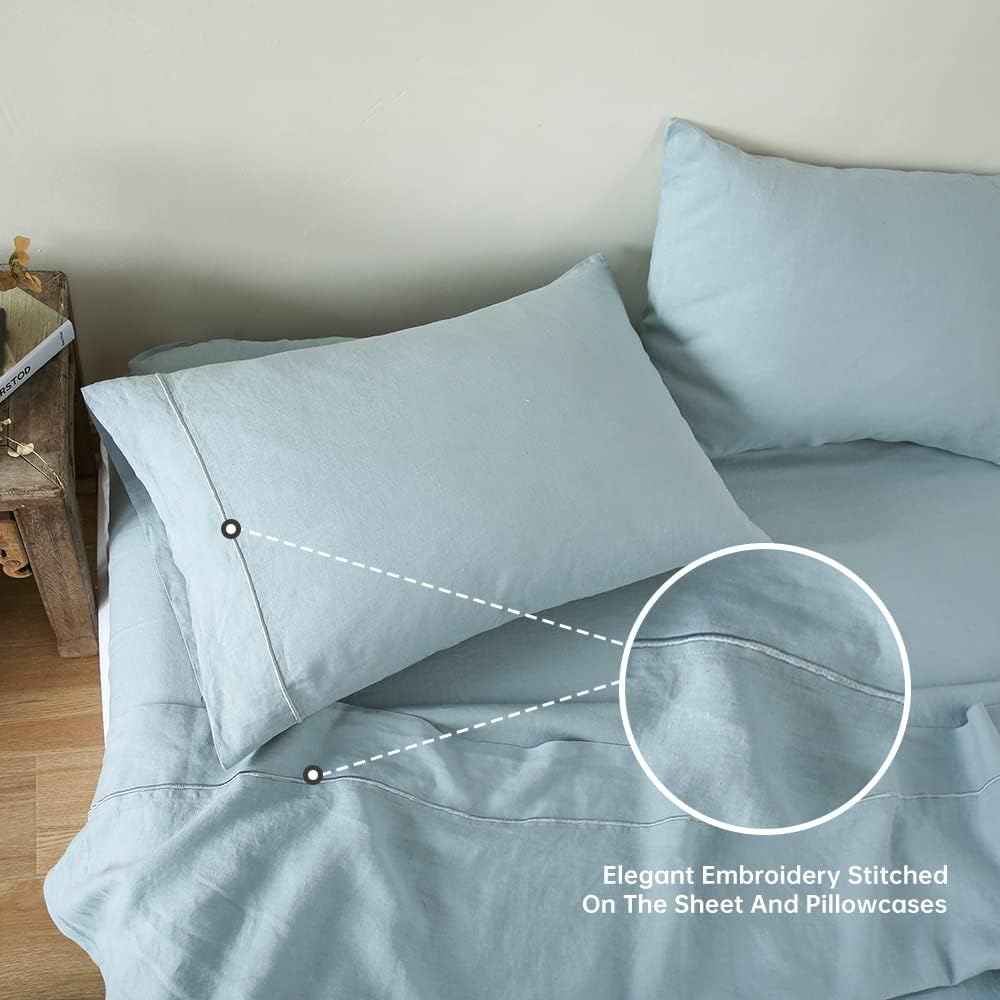 Simple&Opulence 100% Linen Sheet Set with Embroidery Washed - 4 Pieces (1 Flat Sheet & 1 Fitted Sheet & 2 Pillowcases) Natural Flax Soft Bedding Breathable Farmhouse - Dusty Blue, King Size