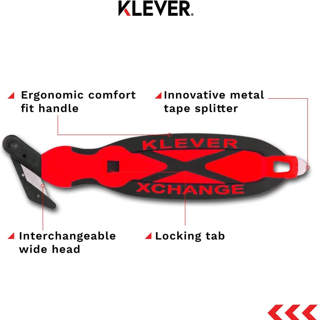 Klever XChange Box Cutter, Klever Kutter Package Opener Wide Cut Head, Ergonomic Soft Touch Handle Utility Knife, Cuts Thicker Substrates, Boxes, Film, Tape and More, Red, 10 Pack (KCJ-XC-30R)