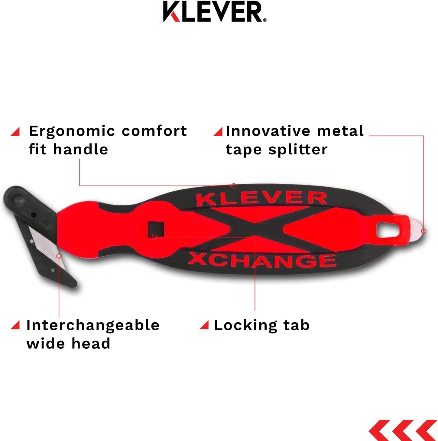 Klever XChange Box Cutter, Klever Kutter Package Opener Wide Cut Head, Ergonomic Soft Touch Handle Utility Knife, Cuts Thicker Substrates, Boxes, Film, Tape and More, Red, 10 Pack (KCJ-XC-30R)