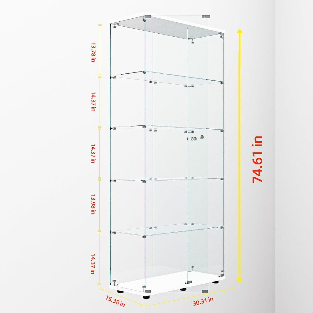 64.69' Tall Tempered Glass Display Cabinet with LED Lights, Curio Cabinet with 5 Shelves with 2 Door, Quick-Install Style Floor Standing Bookshelf File Cabinet for Living Room Office