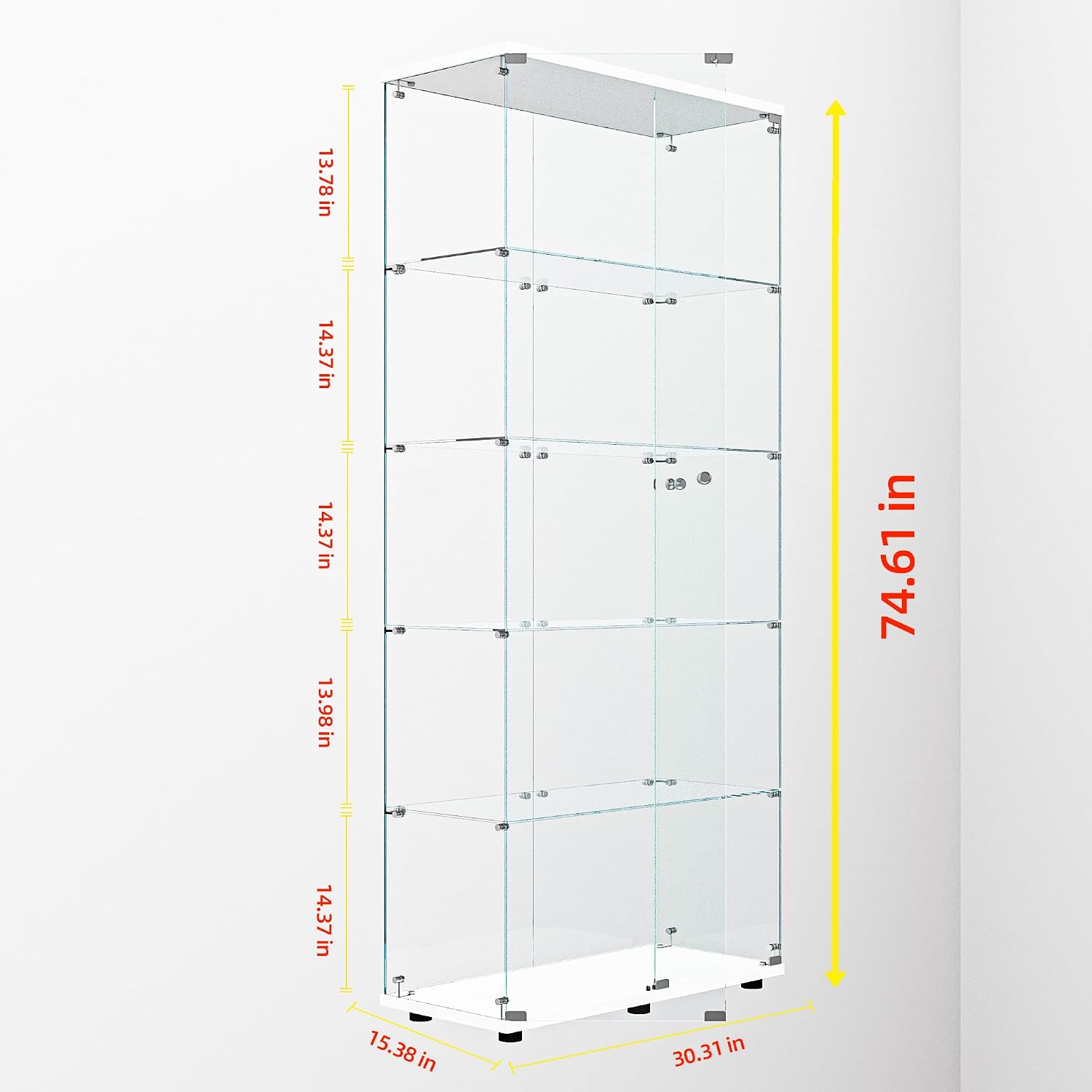 64.69' Tall Tempered Glass Display Cabinet with LED Lights, Curio Cabinet with 5 Shelves with 2 Door, Quick-Install Style Floor Standing Bookshelf File Cabinet for Living Room Office