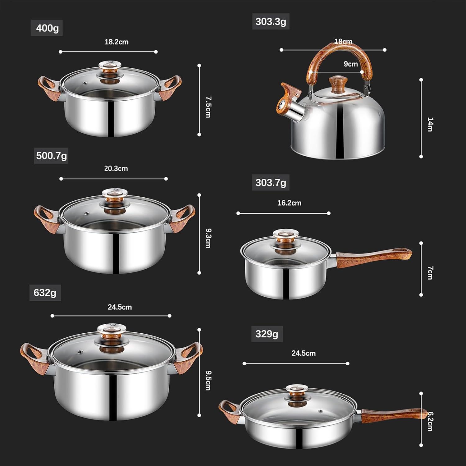 12 Piece Pots And Pans Set Non Stick Stainless Steel with Visual Lid Kitchen Induction Cookware Set with Woodgrain Handles Non-Toxic Professional Cooking Sets Compatible with All Cooktops