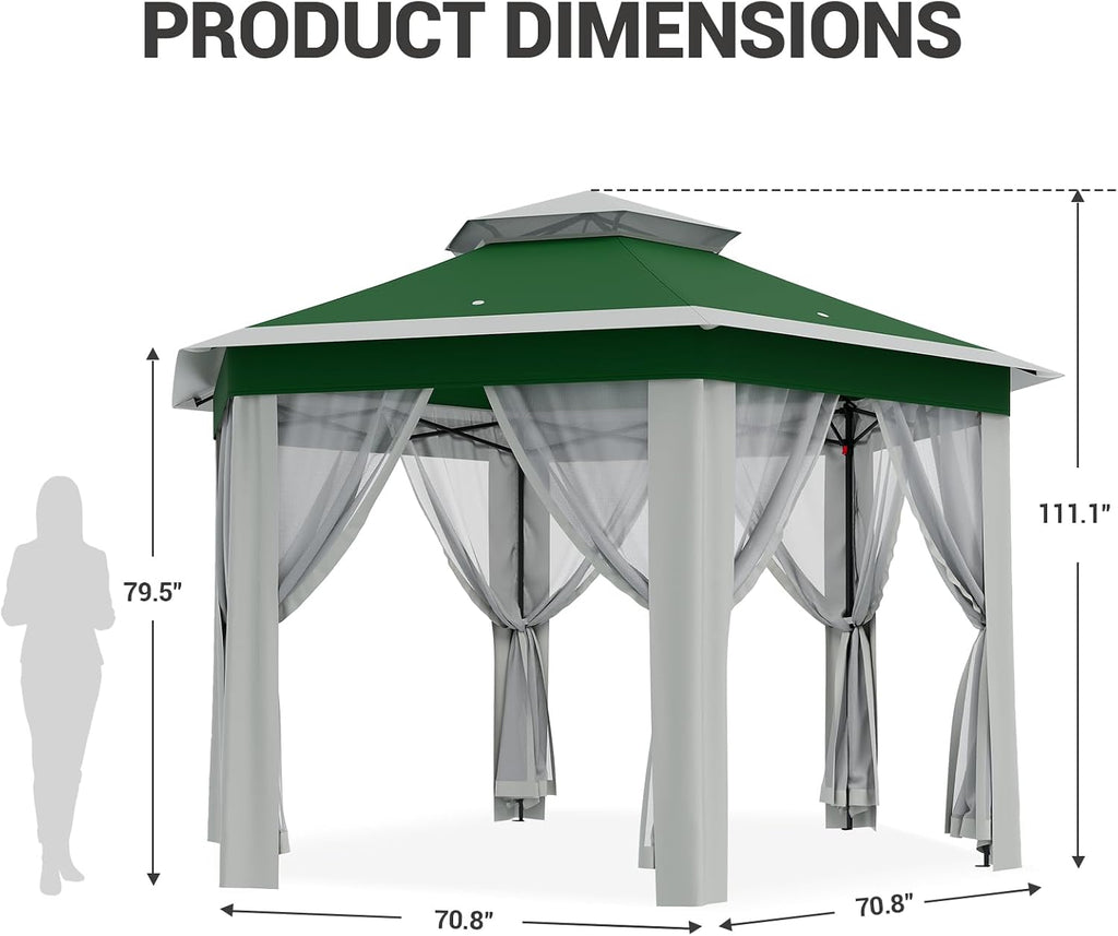 13X13 Pop Up Gazebo,Outdoor Canopy Tent with Mosquito Netting, Double Vented Roof Sun Shelter with Adjustable Heights,Outdoor Gazebo for Backyard & Patio Furniture.(Green with Beige-Hexagonal).