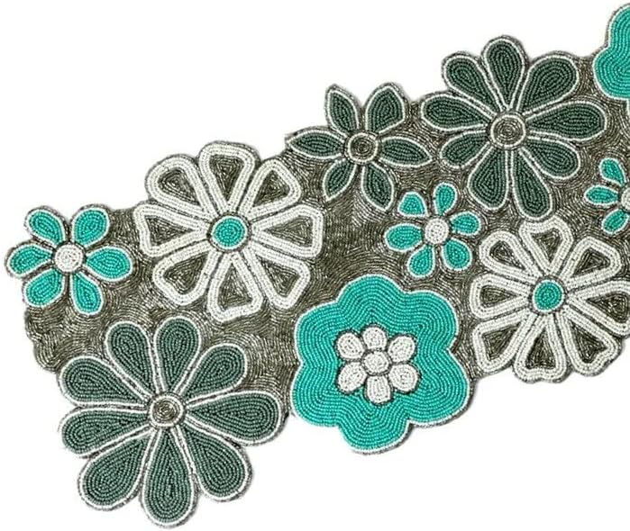 HM CREATIONS Silver floral Table Runner for Table, Dinning Table, side table Decoration runner, Floral Beaded Table Runner, Luxury Wedding Table Runner and Mats 13X36 Inches (1 Runner + 6 Placemats)