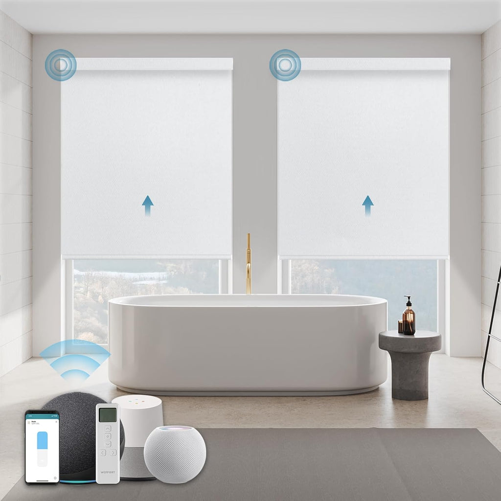 Motorized Blinds with Remote,100% Blackout Automatic Roller Shade Compatible with Alexa Google Homekit Thread,Electric Blind for Window,Vinyl Pure White