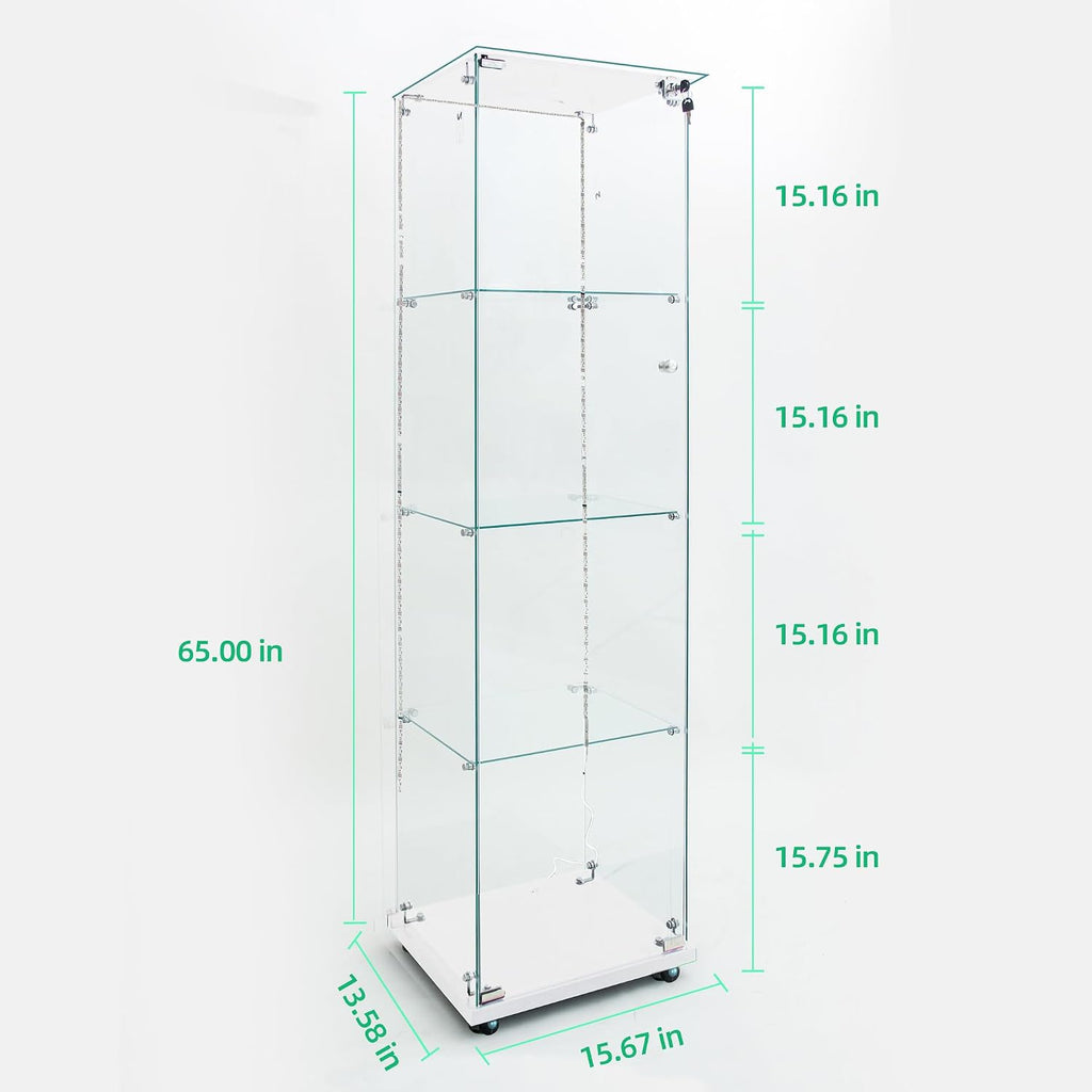 Modern Glass Display Cabinet 4-Shelf with LED Light, Lock and Wheels, 1 Door Curio Cabinets, Tempered Glass Collection Display Showcase for Living Room Home Office,15.6x13.5x65 H,White
