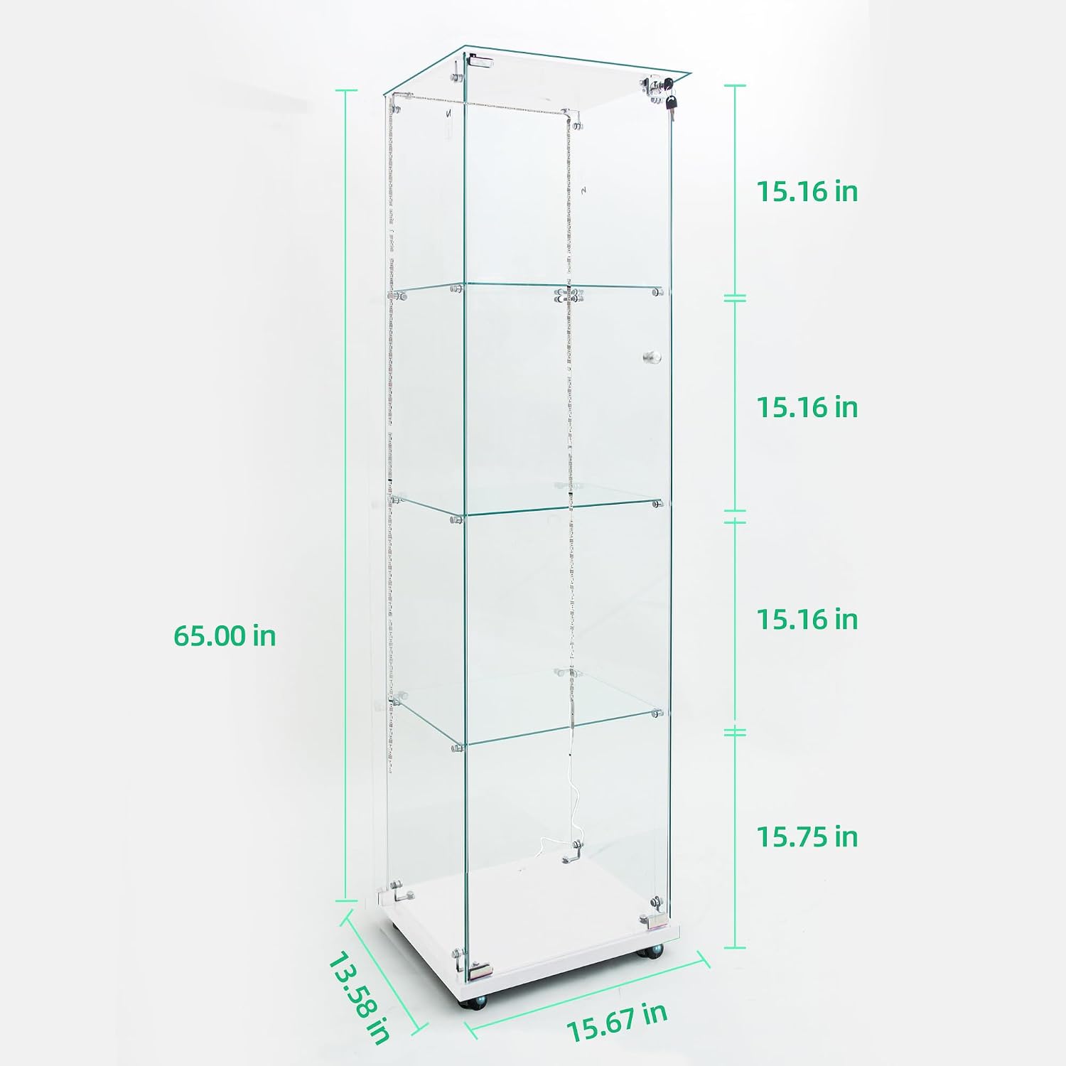 Modern Glass Display Cabinet 4-Shelf with LED Light, Lock and Wheels, 1 Door Curio Cabinets, Tempered Glass Collection Display Showcase for Living Room Home Office,15.6x13.5x65 H,White
