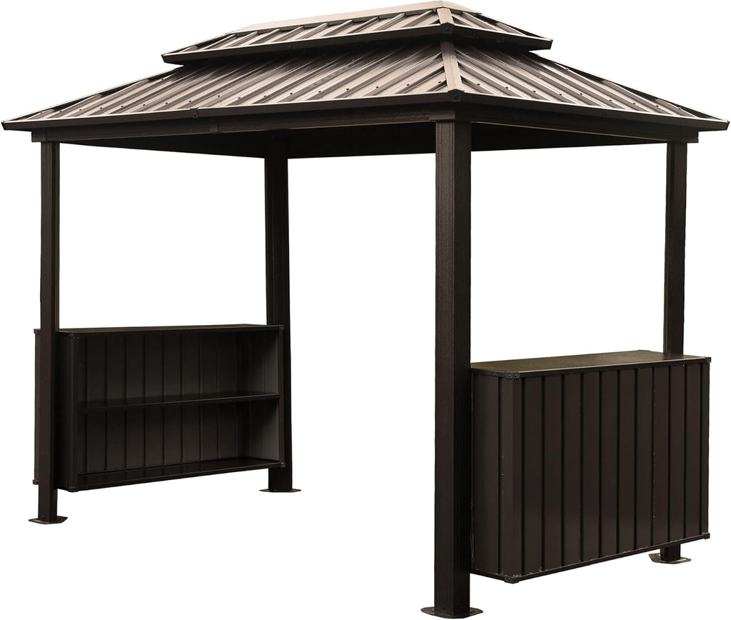 6x10FT Hardtop Grill Gazebo, Outdoor BBQ Gazebo with Double Galvanized Steel Roof, Patio Grill Canopy with 2 Cabinets and Ceiling Hooks for Backyard, Lawn, Garden, Brown