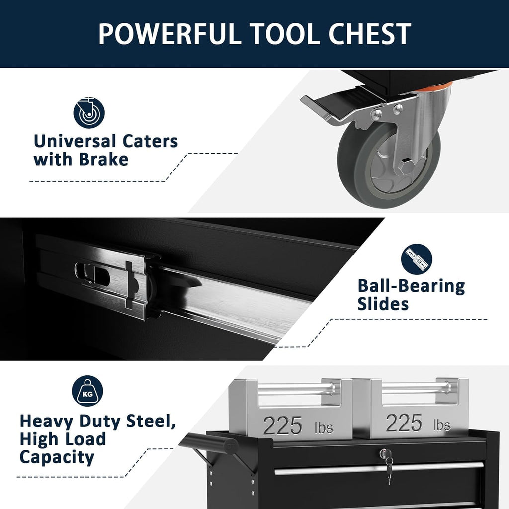 5-Drawer Metal Rolling Tool Chest with Wheels,Tool Storage Cabinet with Locking System，Toolbox with Wheels for Garage, Warehouse, Workshop, Repair Shop (Black, 5Drawer)