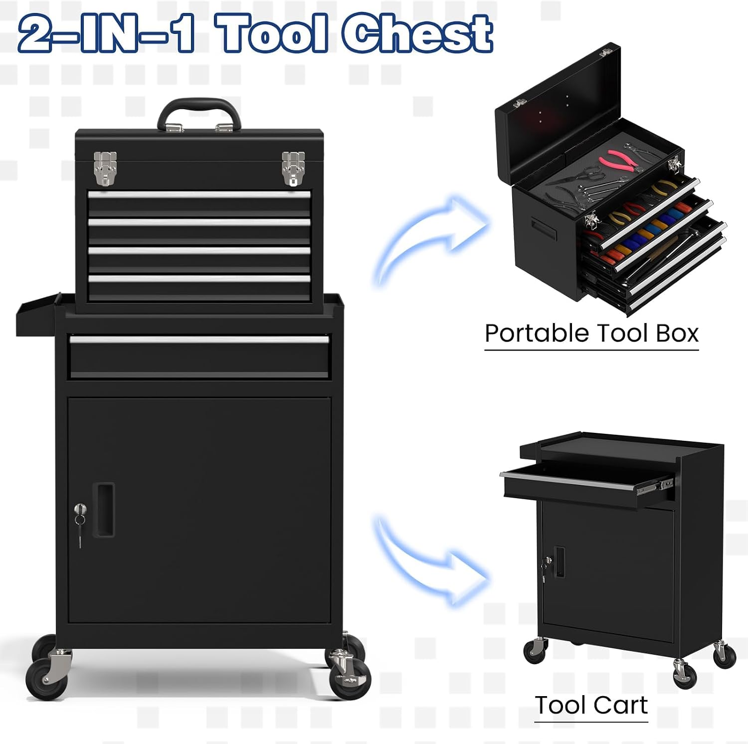 Rolling Tool Box with Wheels, 5-Drawer High Capacity Tool Chest with Wheels, Removable Storage Toolbox with Lock for Garage, Workshop