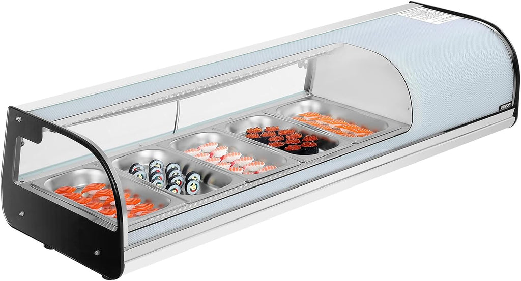 VEVOR Sushi Display Case Refrigerator, 1.8 Cu.ft Commercial Sushi Case, 5-Pan Countertop Showcase with Curved Glass, LED Lighting, and Digital Temperature Control, for Sushi-Bar, Restaurant, Store